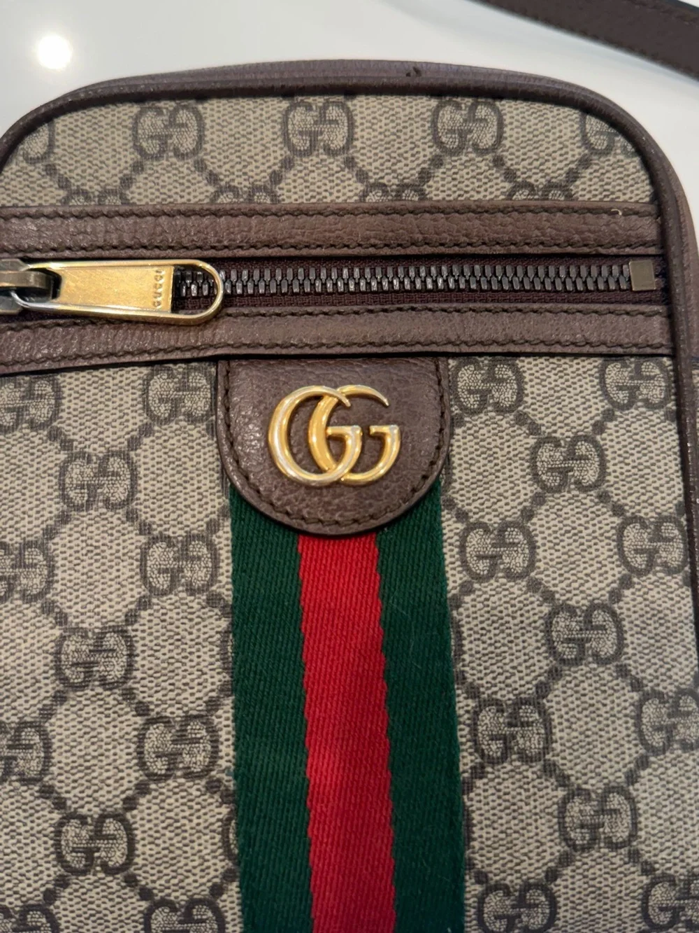 Gucci Beige/Brown GG Supreme Crossbody with Green-Red Web